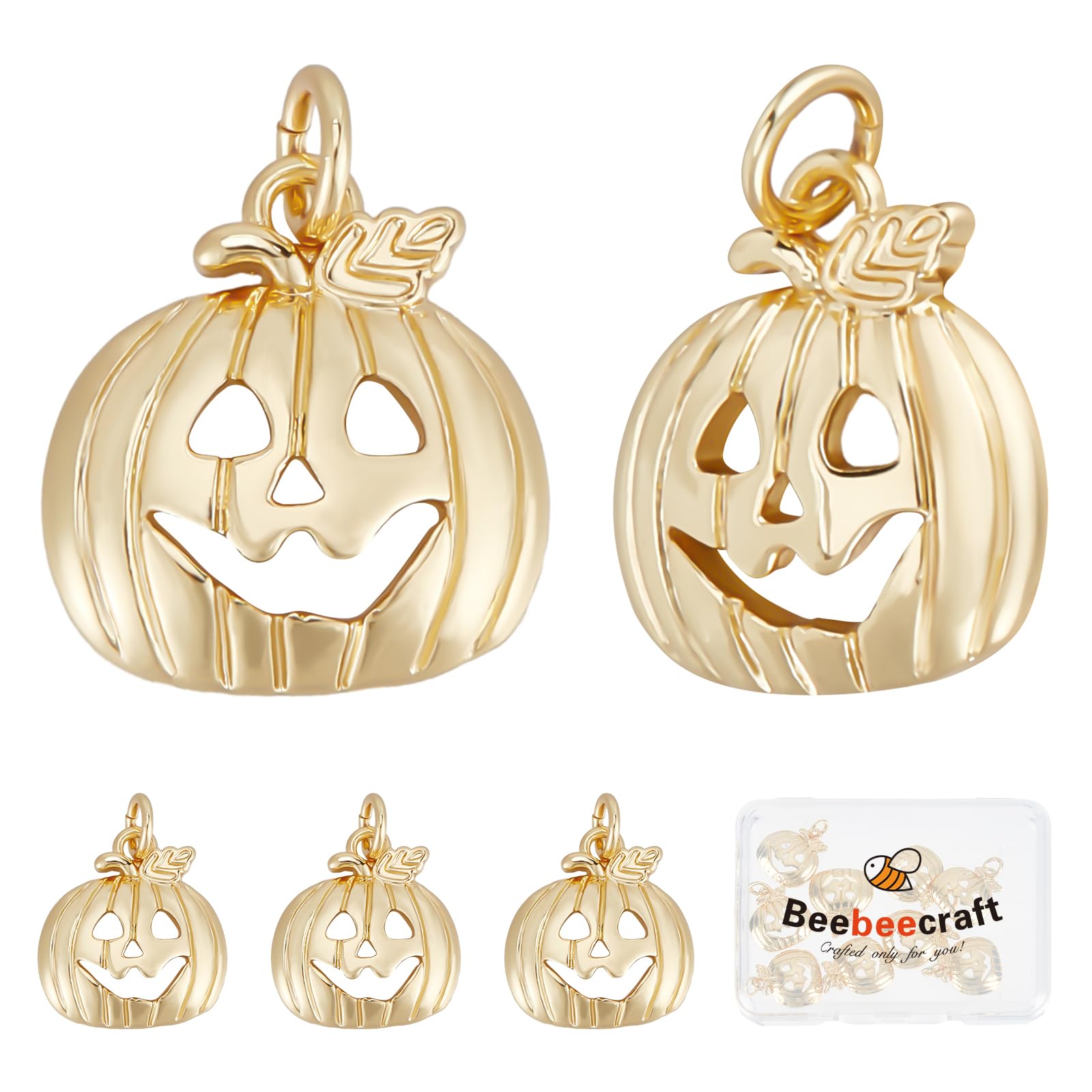 Beebeecraft 1 Box 10Pcs Halloween Charms 18K Gold Plated Pumpkin Charms Jack O Lantern Pendant Findings for DIY Key Chain Necklace Bracelets Jewellery Making
