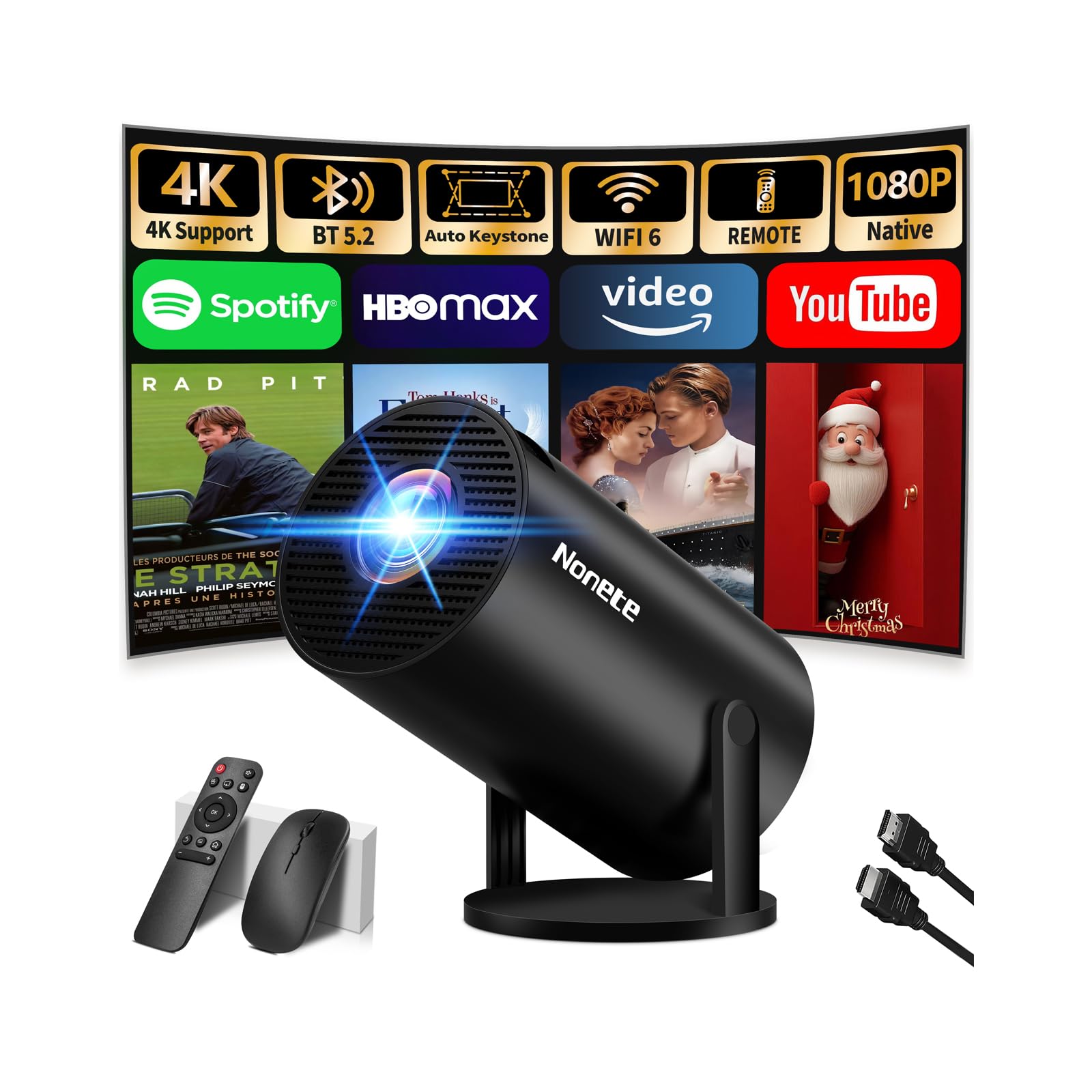 Photo 1 of [2026 Upgraded] Mini Projector Support 4K 1080P FHD Auto Keystone 270° Rotatable with WiFi 6 and Bluetooth 5.2 Projector Portable Compatibile with HDMI/TV Stick/Memory Stick/Laptop,Black