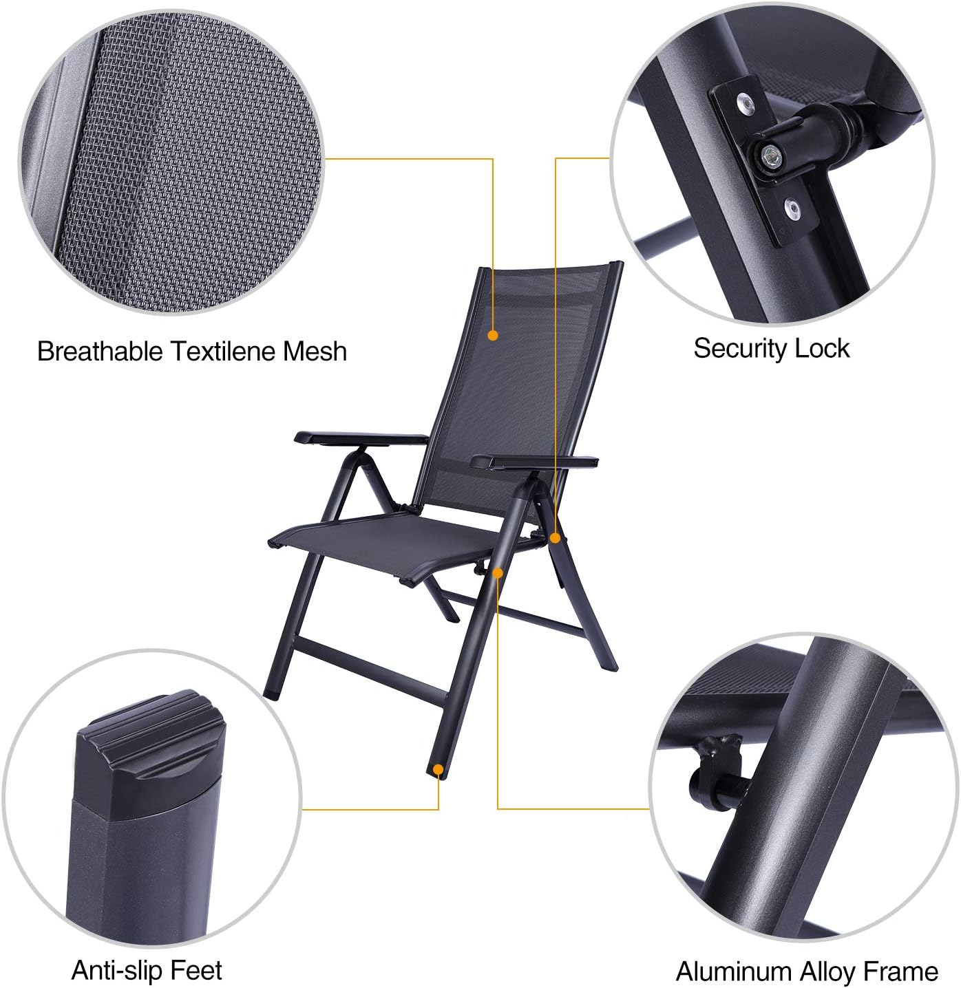 REDCAMP Patio Lounge Chair for Outside, Lightweight Aluminum Adjustable High Back Outdoor Sling Reclining Lawn Chairs Zero Gravity with Hard Arms, Black: Kitchen & Dining