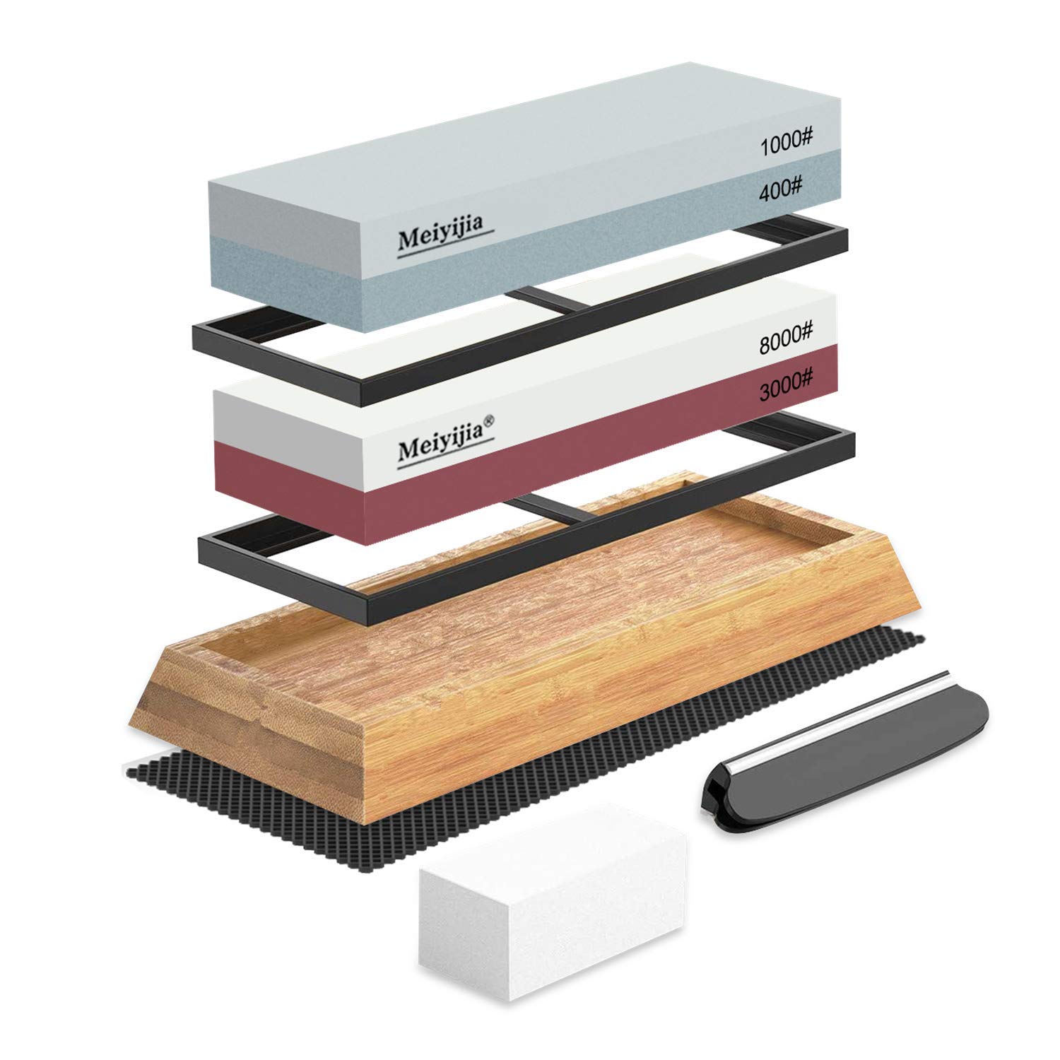 Meiyijia Knife Sharpener, Premium 2-in-1 Whetstone Waterstone Kit, 4 Grits, Non-Slip Bamboo Base, Angle Guide, Repairing Stone, for Kitchen Knives, Pocket Knife etc.
