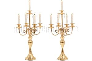 LANLONG Candelabras Centerpieces for Tables, 20" Tall Candlestick Holder for Taper Candles, 5 Arm Crystal Candelabra Candle Holder for Wedding Centerpiece Decor Party Event Reception Decoration (Gold)