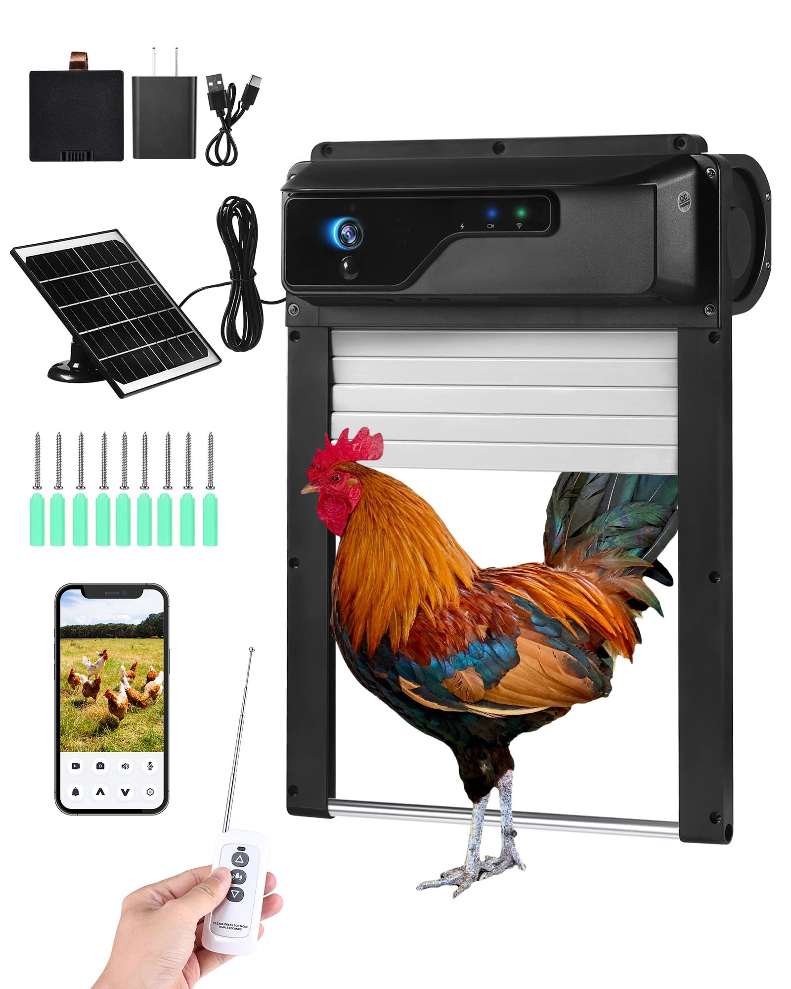 Photo 1 of Caifunway Automatic Chicken Coop Door with HD Camera, Solar Powered, 5000mAh Battery, WiFi Enabled, APP-Based Monitoring, Remote Control and Timer, with Anti-Trap Sensor and Alarm Drive(Black)