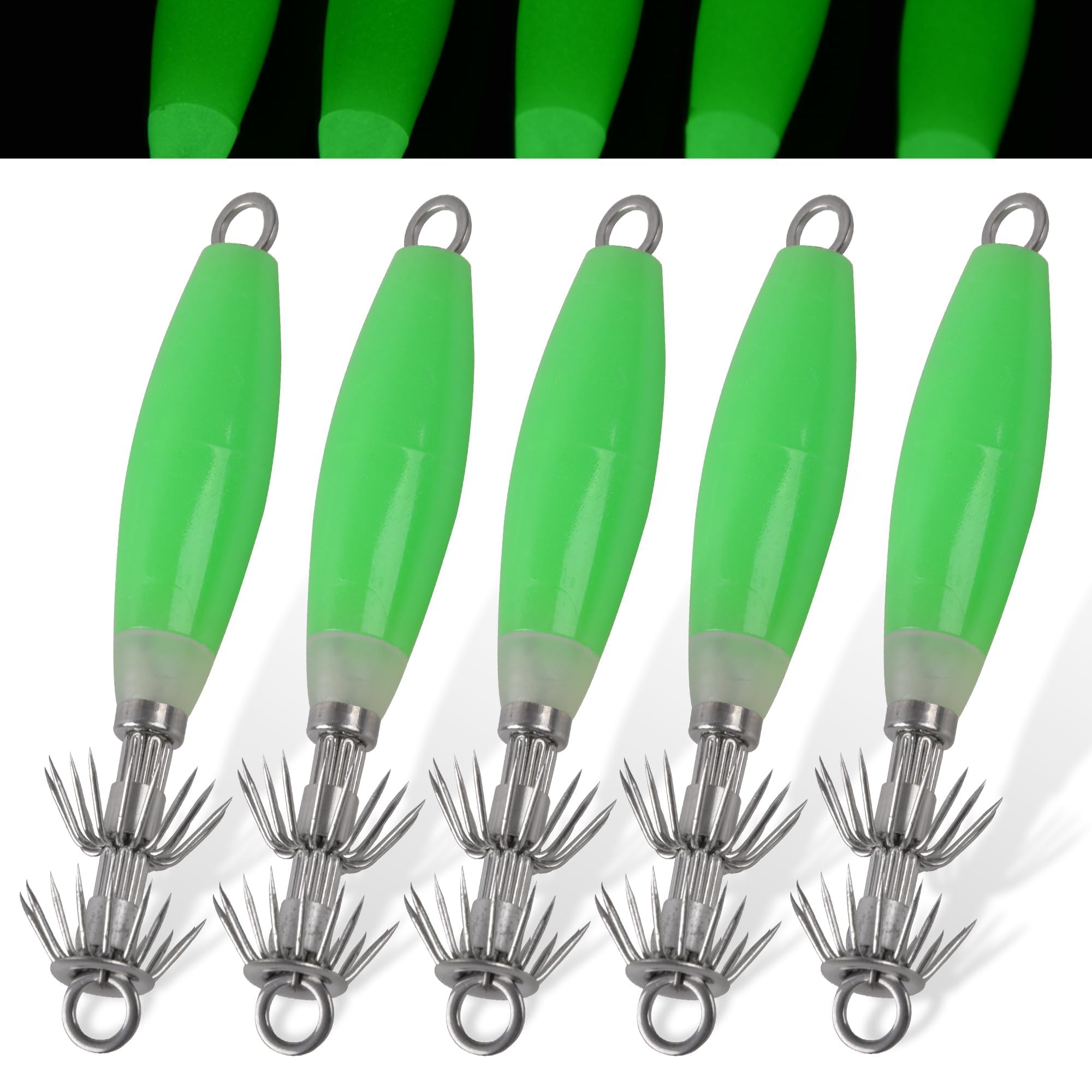 Noctilucent Squid Jigs Cuttlefish Sleeve Jig Fishing Lure Bait Head Hooks Squid Hook Umbrella Sea Fishing Fluorescent Octopus Cuttlefish Jig Lure Set (5pcs/box)