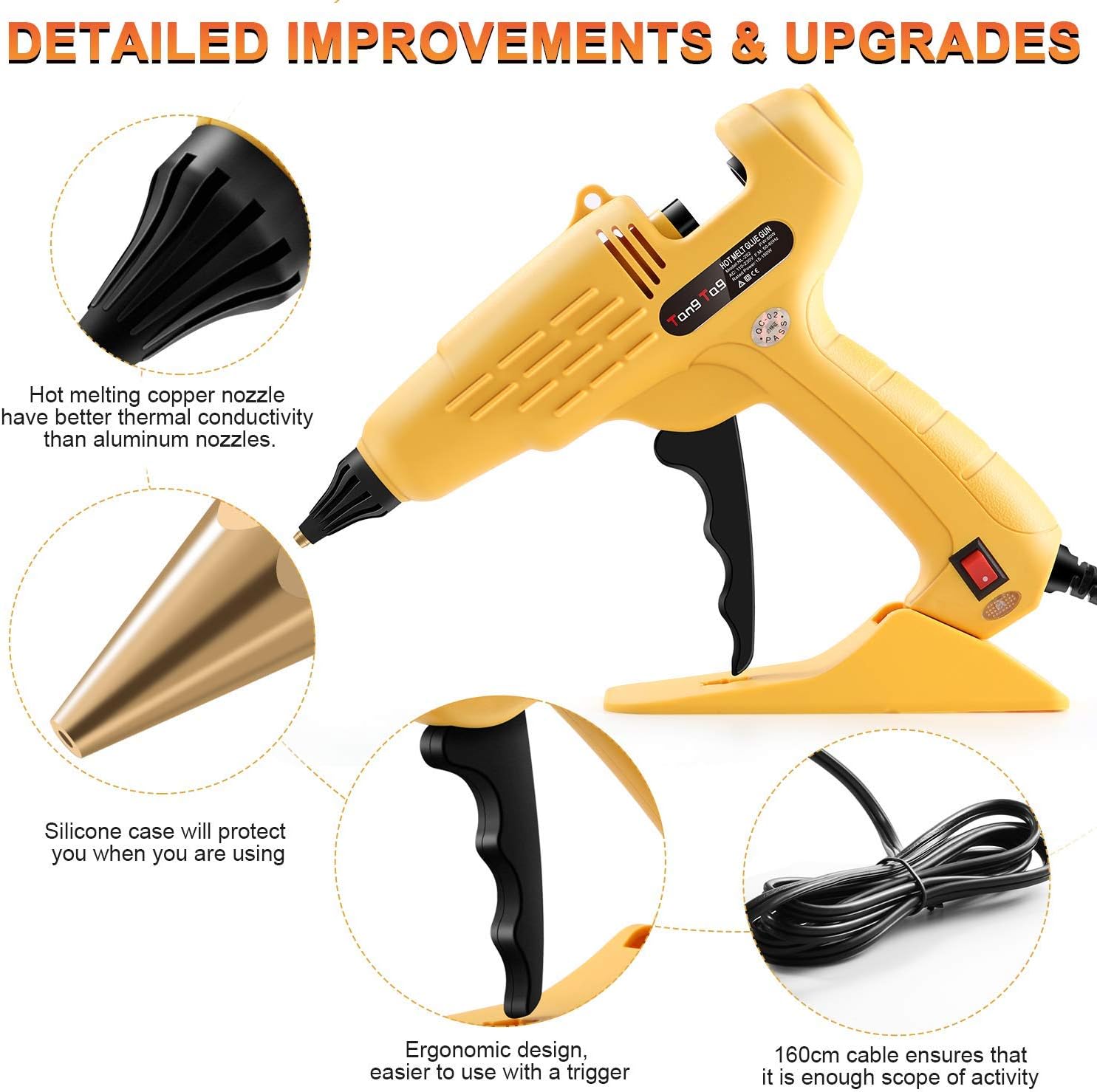 Hot Glue Gun, TangTag Full Size 60W Heavy Duty Hot Glue Gun with Replace Nozzle and 10Pcs Glue Sticks 11 200mm, with LED light Power Switch, for DIY, Arts & Crafts, Home and Office Quick Repairs - - 