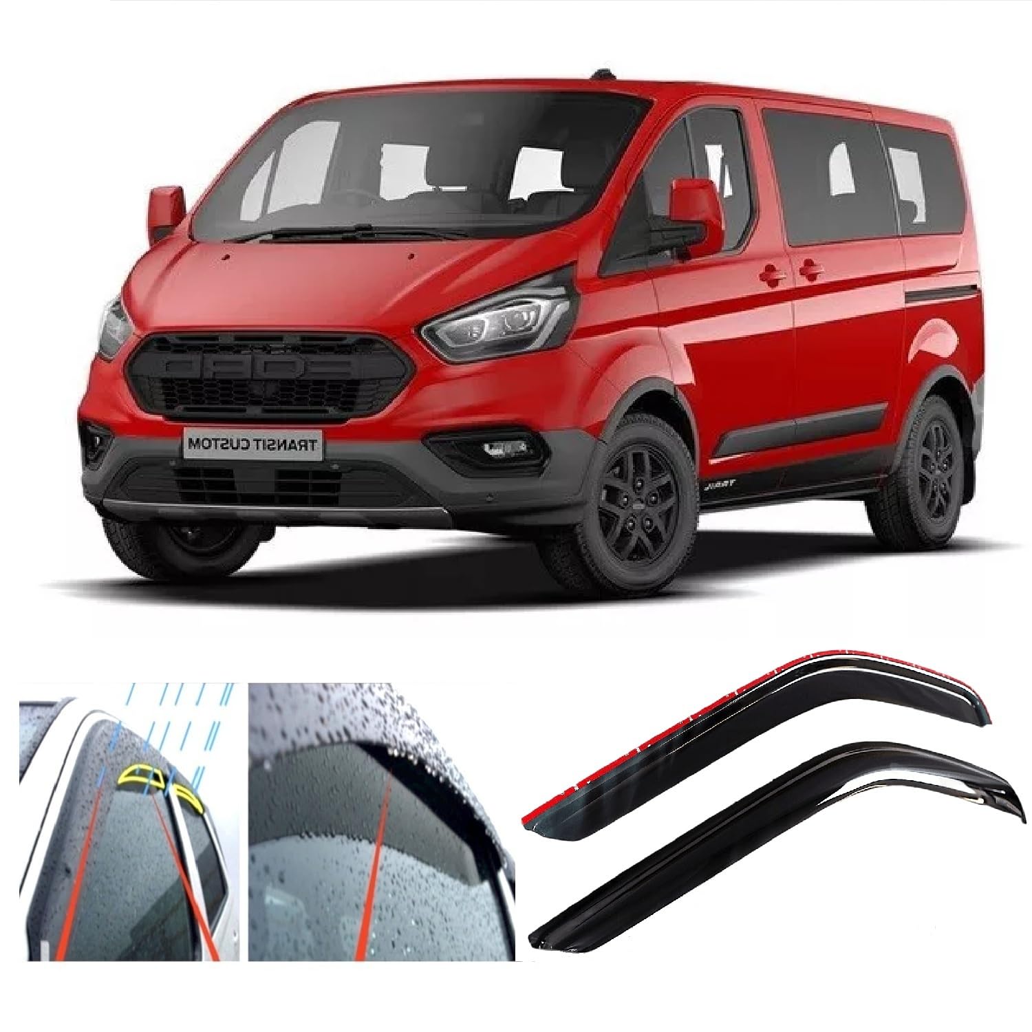 2x Wind Deflectors compatible with Ford Transit Custom/Tourneo (Mk1) 2012 2013 2014 2015 2016 2017 2018 2019 2020 2021 2022 Acrylic Glass Windows Weather Shields Visors Rain Snow Sun Guards