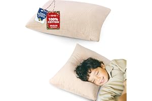 Pro Goleem Toddler Pillow with Muslin Cotton Pillowcase, 13x18 Soft Toddler Pillows for Sleeping Kids Pillow Child Pillow Machine Washable Perfect for Bed, Toddler Cot and Travel, Beige
