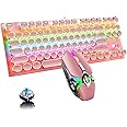 Mechanical Gaming Keyboard and Mouse Combo, 87 Key Retro Punk Typewriter-Style,Blue Switch RGB Rainbow Backlit Keyboard,Cool Breathing Light Lightweight Gaming Mouse for Game and Office,Pink
