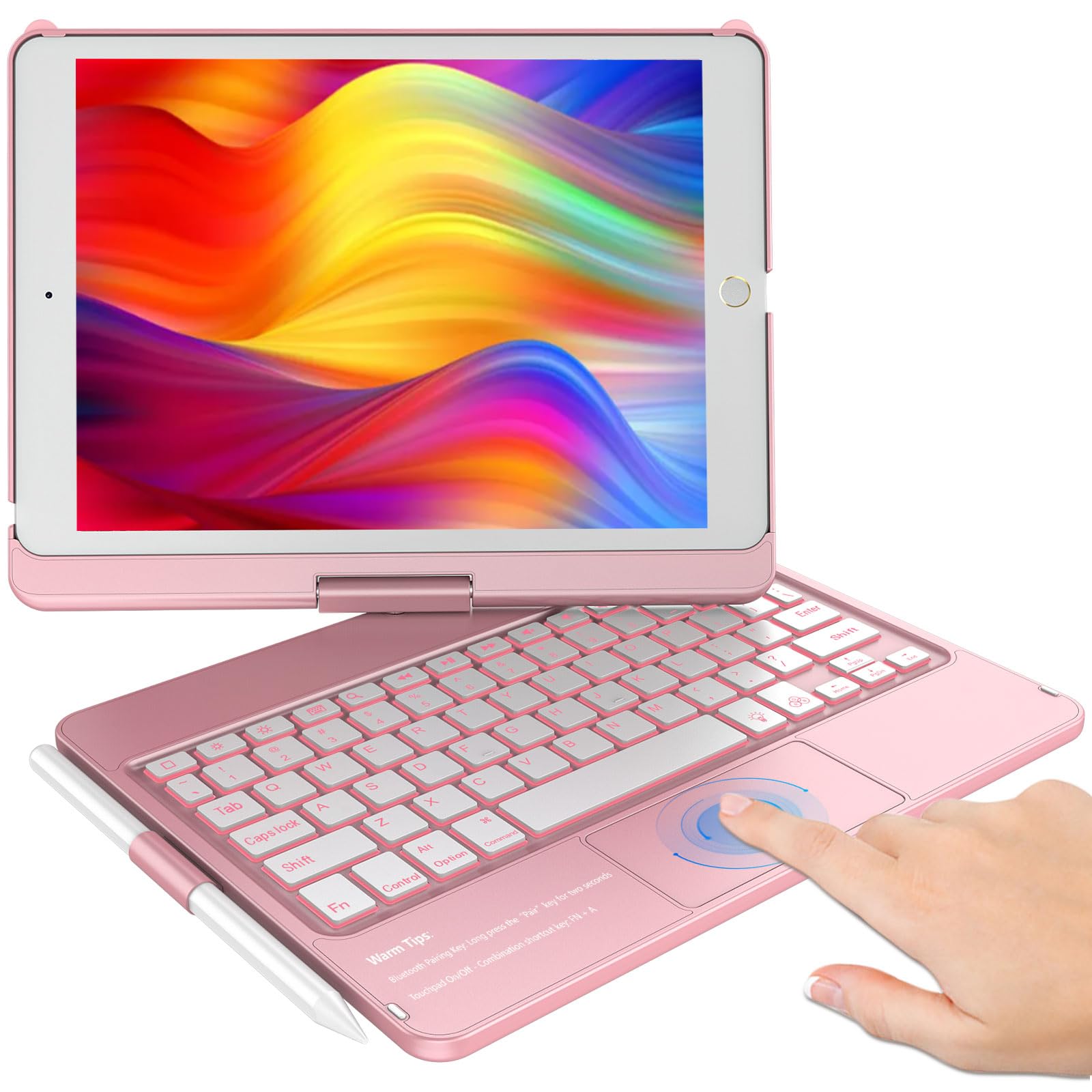Photo 1 of *MINOR DAMAGE - USED*
KBCASE Touchpad Keyboard Case for iPad 9th/8th/7th 10.2 inch, Backlit Trackpad Keyboard, 360°Rotatable Case with Keyboard for iPad 9th/8th/7th Gen, with Pencil Holder (Rose Gold)