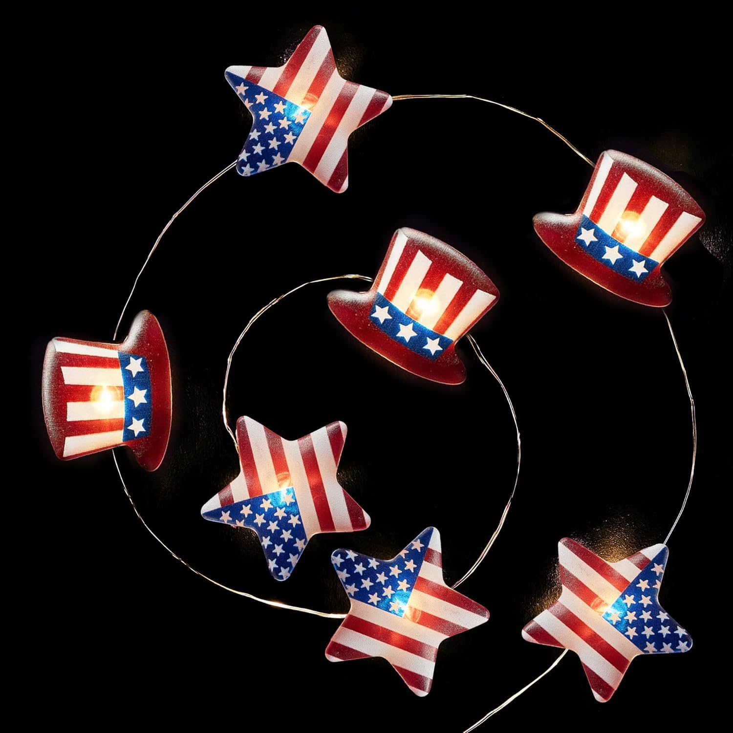 Photo 1 of BlcTec 4th of July Decorations, Red White and Blue String Lights with 40 LED Big Stars and Hats Patriotic Lights, Waterproof Design for Indoor Outdoor Memorial Day, Independence Day, July 4th Décor