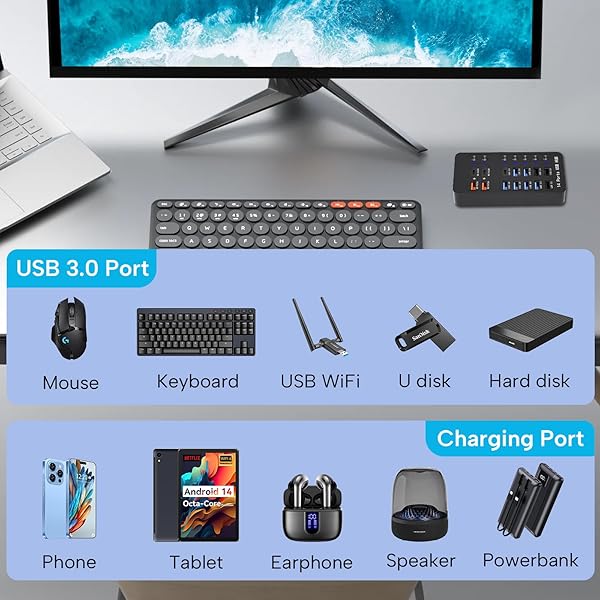 ZEROFFI POWERED USB HUB, 14 PORTS USB SPLITTER HUB (10 FASTER DATA TRANSFER PORTS+ 4 SMART USB CHARGING PORT) USB HUB WITH LED INDIVIDUAL ON/OFF SWITCHES FOR PC, LAPTOP, DESKTOP