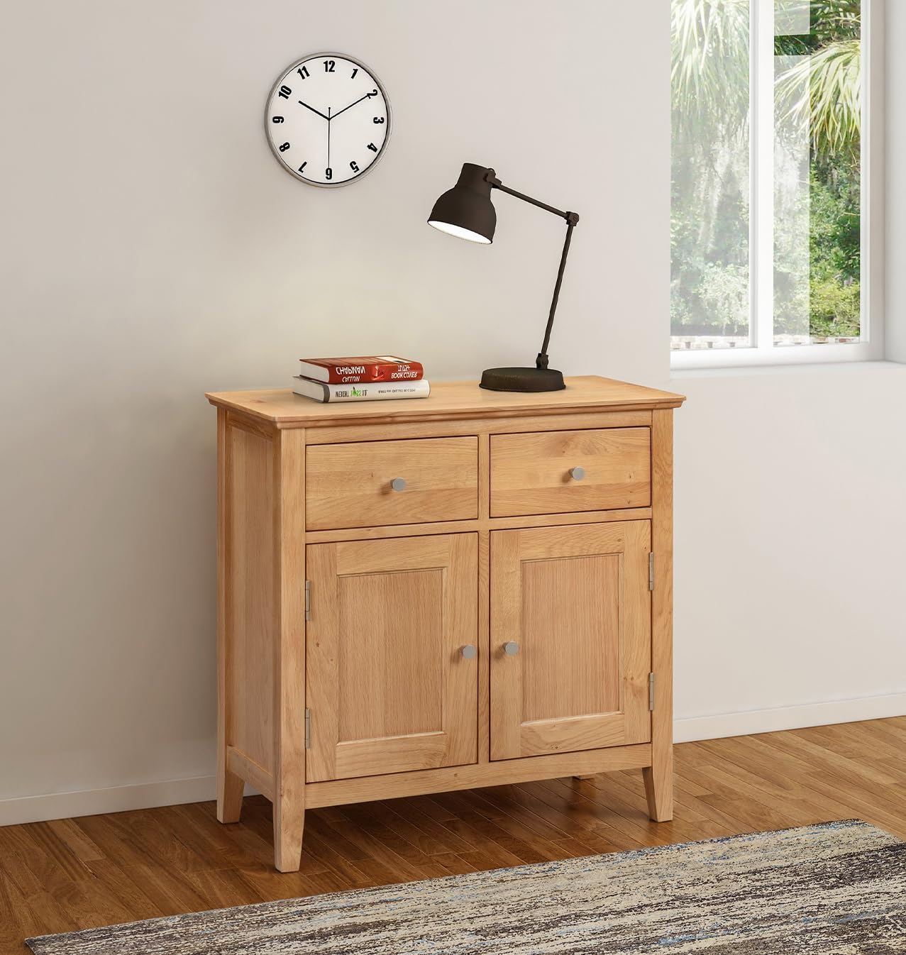 Hallowood Furniture Hereford Oak Small Sideboard Storage Cabinet with 2 Drawers, Cupboard & Adjustable Shelf, Solid Wood Oak Storage Unit for Living Room or Bedroom, Shoe Cabinet for Hallway
