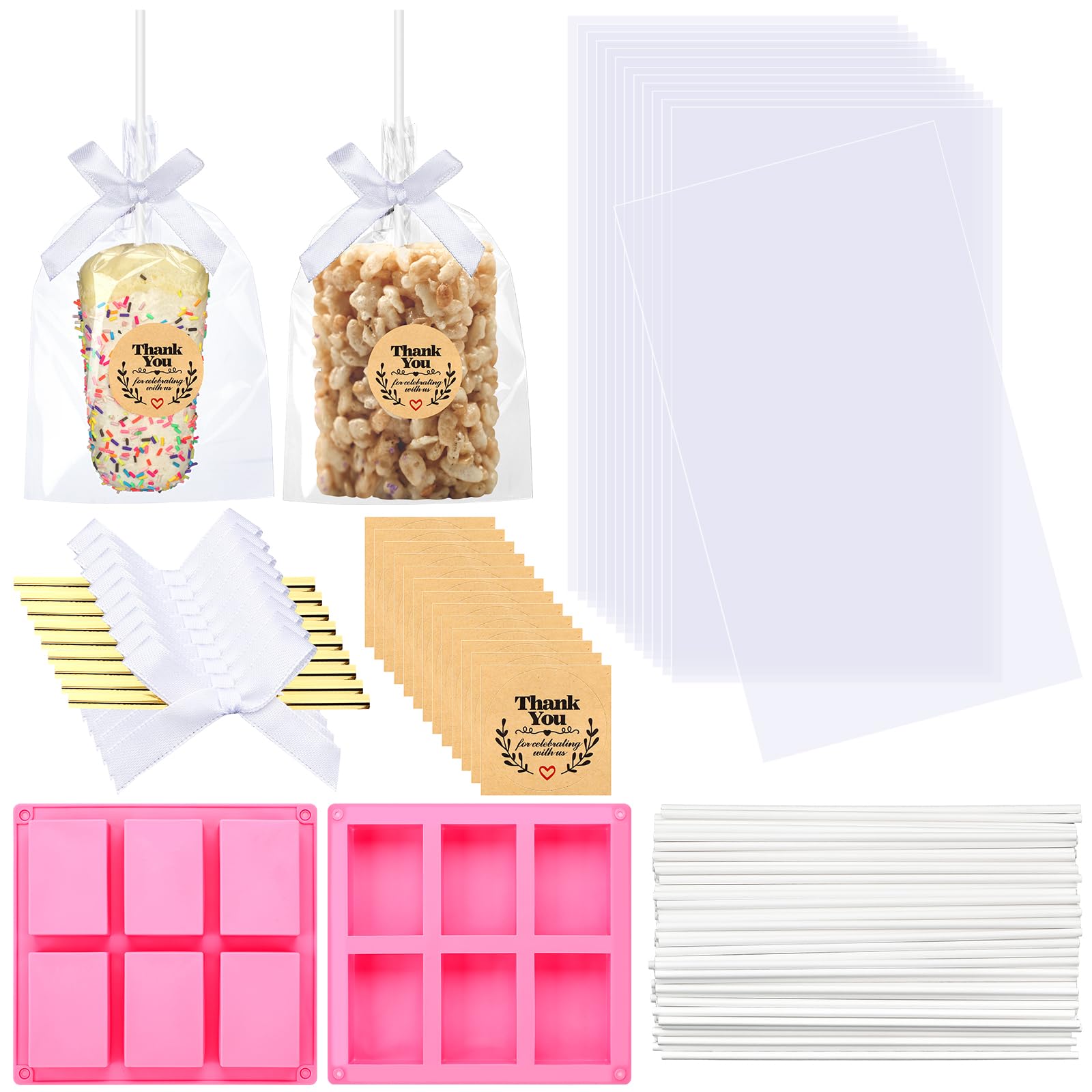 Photo 1 of Wavwavw 100 Pcs Clear Rice Cookie Treat Bags with Bow Ribbon Stickers White Sticks 2 Pcs Silicone Crispy Cereal Bar Mold for Treats Gift Giving Bag Chocolate Dessert Party Packaging Supplies(White)