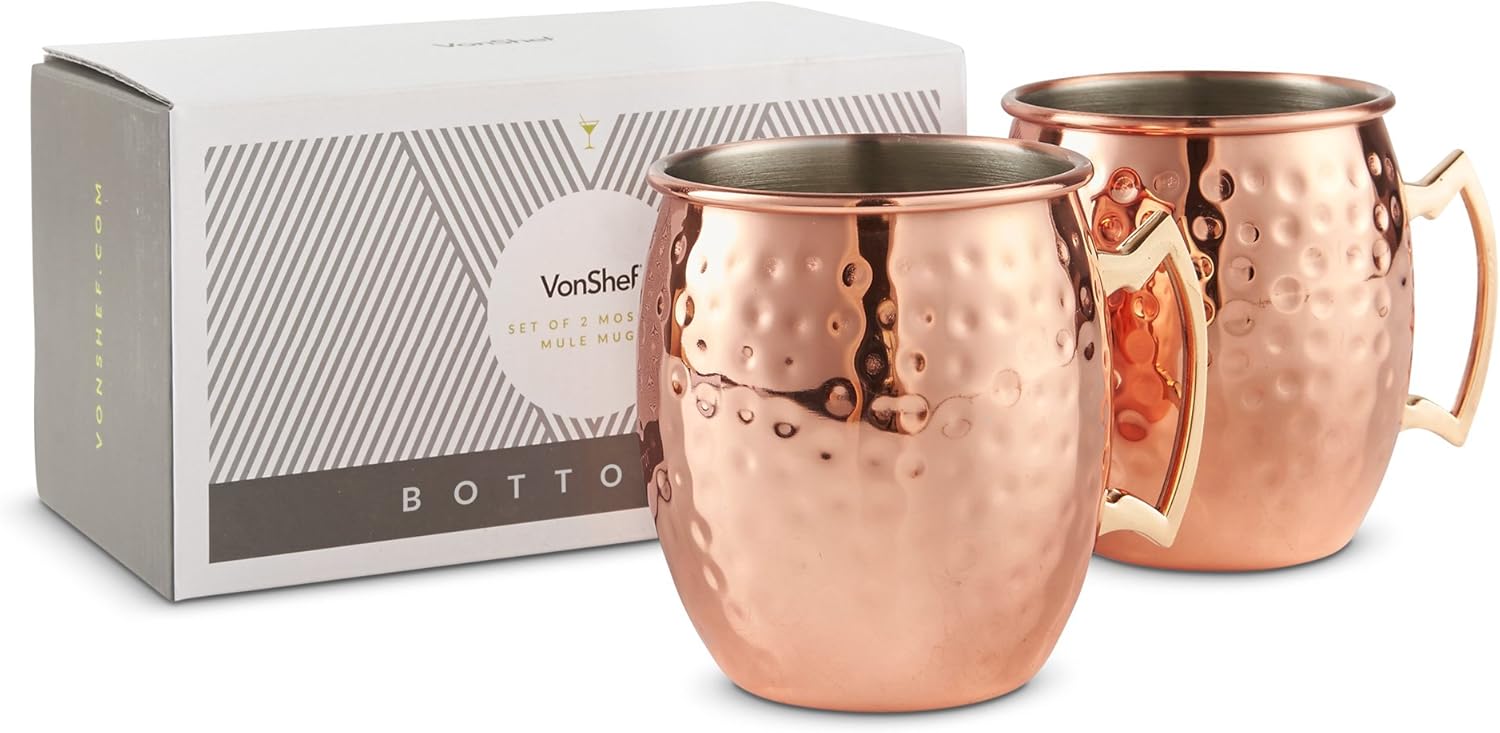 VonShef Moscow Mule Mugs Set of 2 Copper Hammered Effect