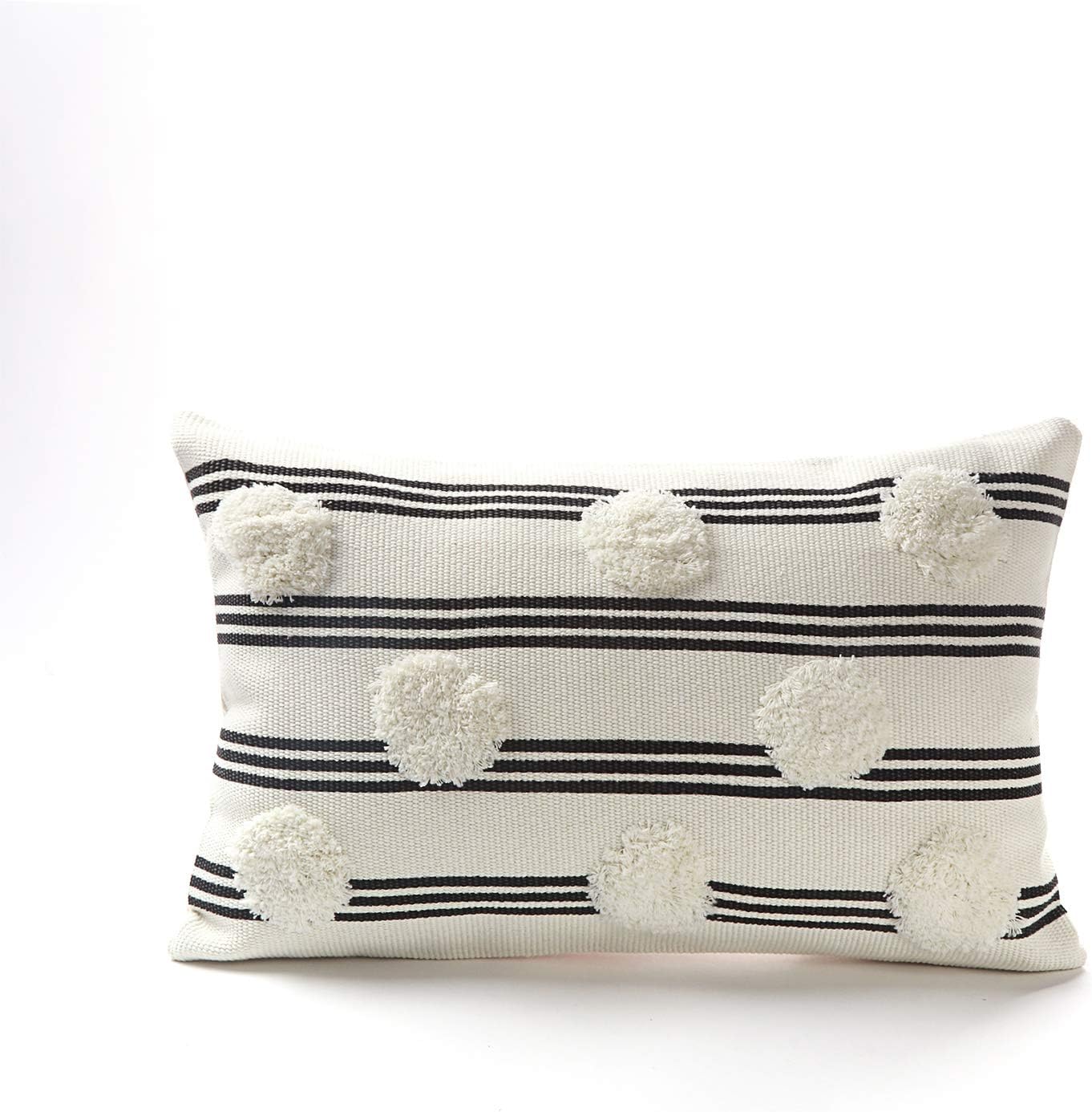 Tiffasea 12x20 Black and White Throw Pillow Cover, Tufted Pompoms Lumbar Pillowcase Small Cute Cushion Boho Farmhouse Cushion Cover, Decorative Striped Bolster for Bed Couch Sofa Bedroom Living Room