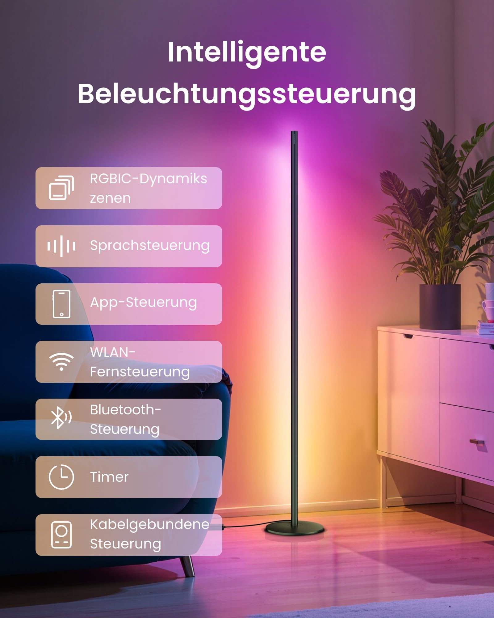 SwitchBot Matter RGBICWW Stehlampe Wohnzimmer, Warm- & Kaltweiß, Floor Lamp Dimmbar mit Apple Home, Alexa, Google Home, APP-Steuerung, Musikmodi, Szenenmodi, LED Stehlampe Schwarz für Schlafzimmer 6