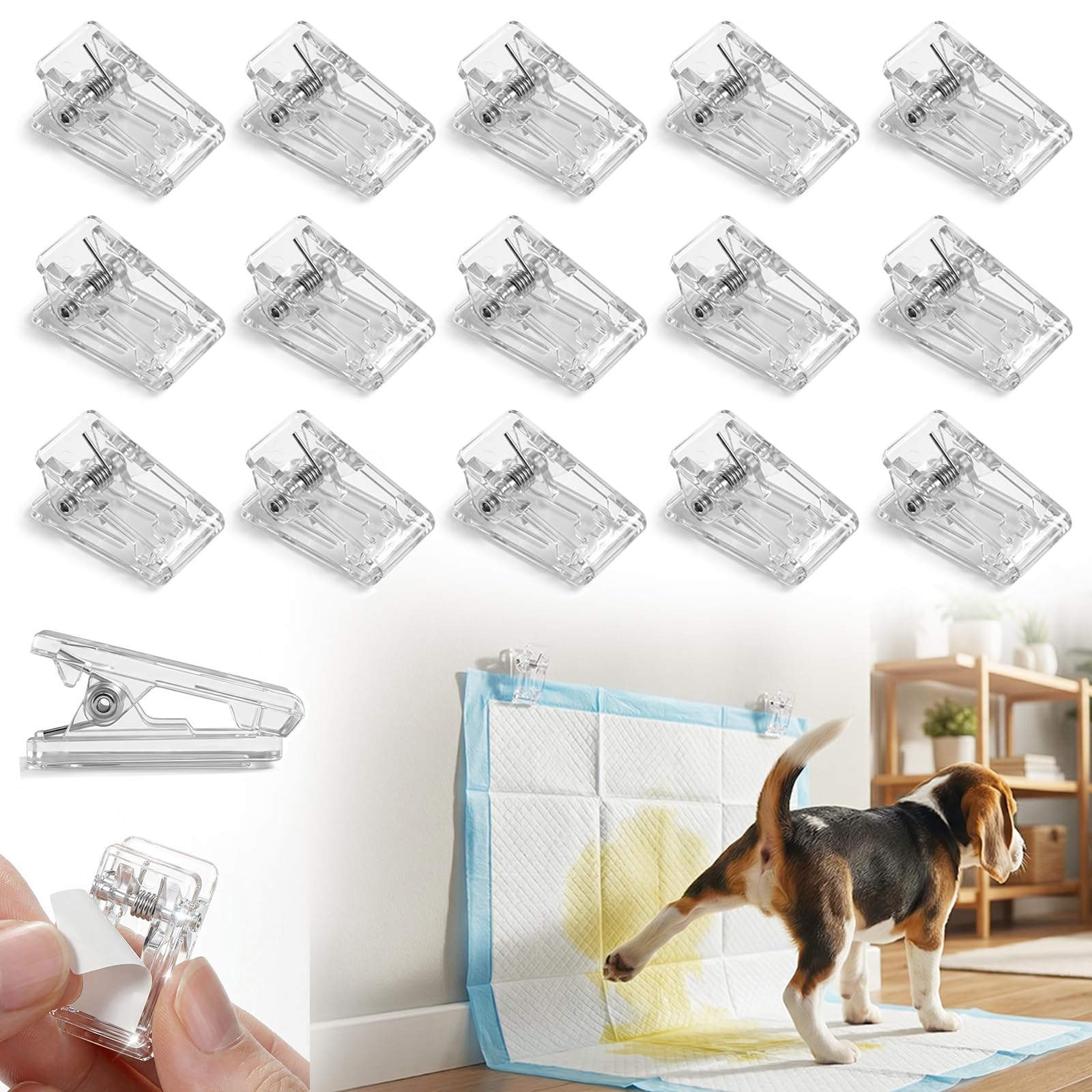 Photo 1 of Ysoritha Puppy Potty Pad Wall Holder Clips, 15 Pcs Dog Pee Pad Wall Holder Prevents Male Dog Leg-Lifting & Floor Mess, Strong Adhesive Training Pad Sticky Holders for Indoor (Clear-15 pcs)