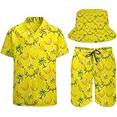 Kaydems 3 Piece Men's Hawaiian Shirts and Shorts Set Hawaii Beach Suits with Bucket Hats