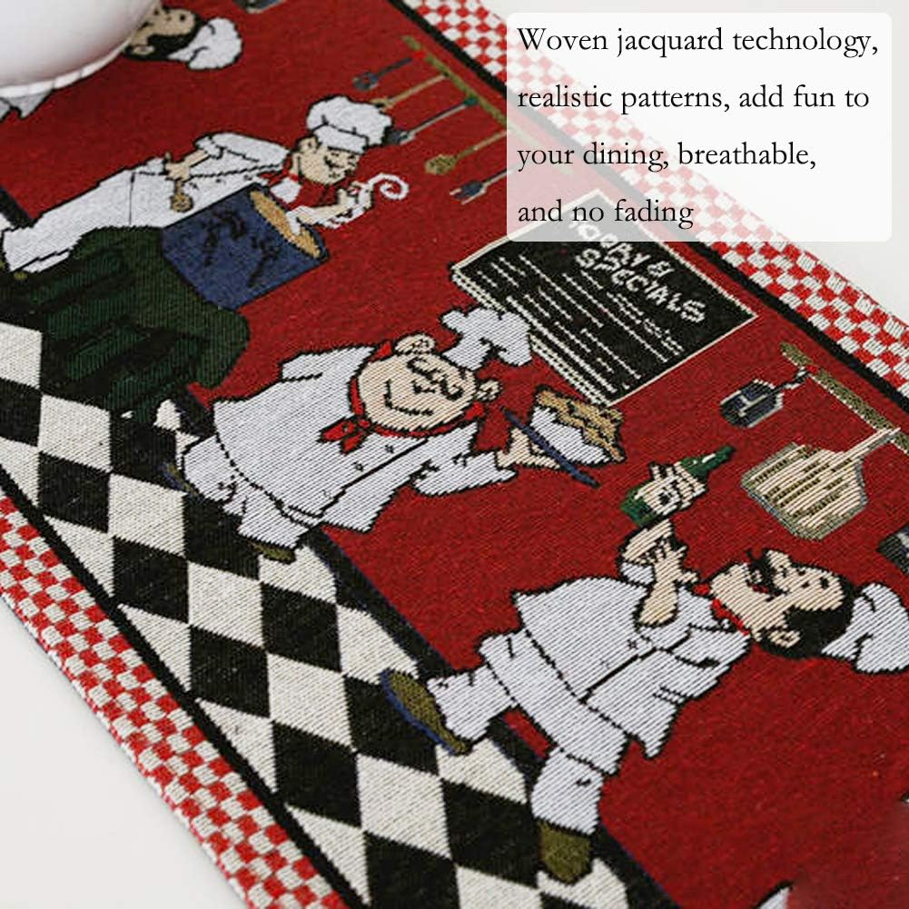 Cheerful Fat Chef Table Runner and Placemat Set - Rustic Style Jacquard Cotton Linen 1PC Table Runner and 4PCs Placemats Value Pack for Indoor&Outdoor Events, Red: Home & Kitchen