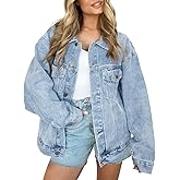 AUTOMET Women's Oversized Jeans Jacket, Classic Button Down Denim Jacket with Chest Pockets, Loose Fit Boyfriend Style Coat