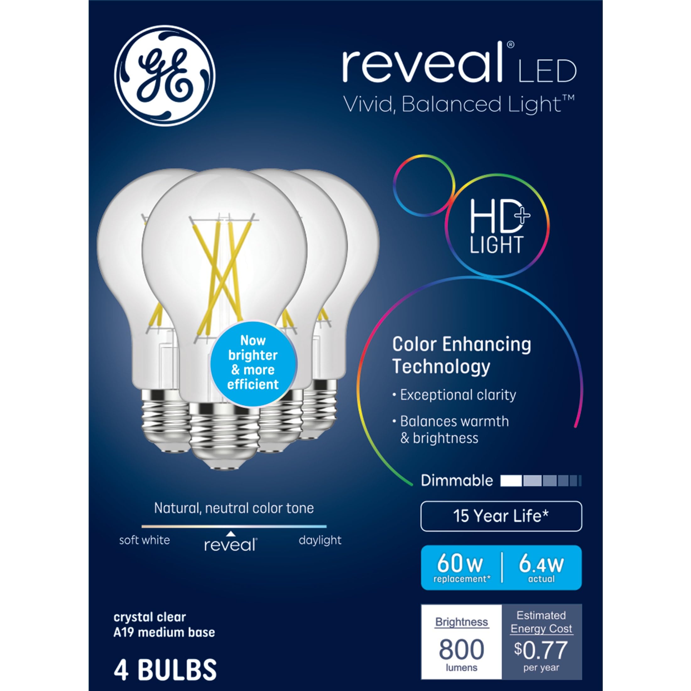 Photo 1 of ***MISSING 2 BULBS*****GE Reveal HD+ LED 60 Watt Replacement, Reveal, A19 General Purpose Bulbs (4 Pack)