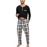 Yukiuiny Men’s Pyjama Loungewear Sets Comfy Lounge Nightwear Long Sleeve Cotton Pocket Tops Plaid Pants