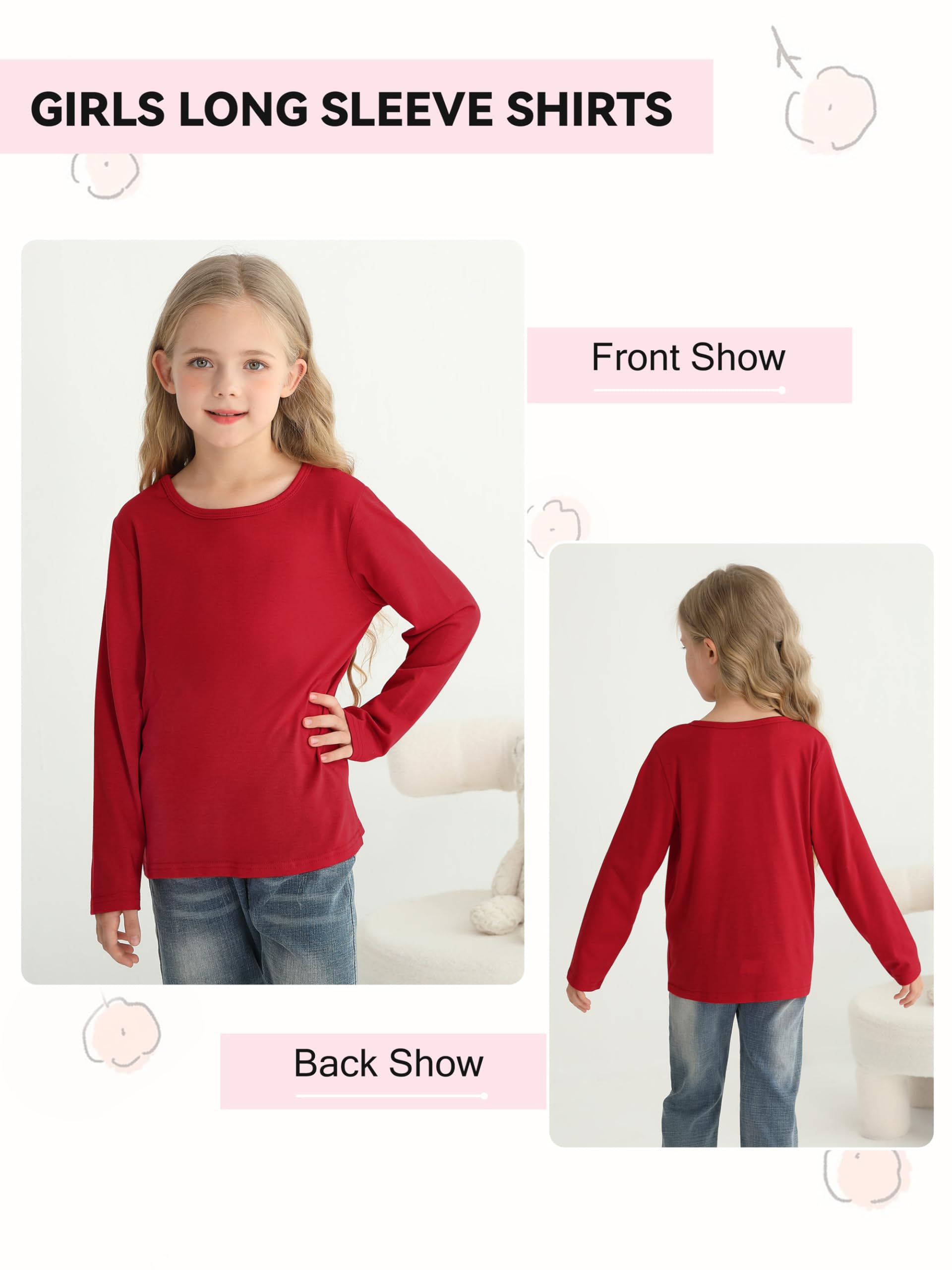Kiiavoro 5 Pack Girls Long Sleeve Shirts Soft Crewneck Long-Sleeve T-Shirts Basic Tagless Layering Tees
