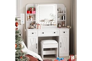 Vabches Makeup Vanity Desk, Vanity Mirror with Lights Desk and Chair,Makeup Table with 3 Large Drawers and 2 Cabinets, Time and Temperature Display, 3 LED Lighting Modes Adjustable, White