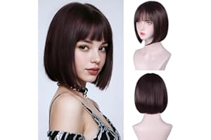 AIDA BLE Short Brown Wig With Bangs Straight Bob Wigs for Women Brown Bob Synthetic Wig Super Soft and Easy to Wear Straight Bob Wig Colorful Synthetic Wig for Daily Cosplay Halloween