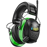 Kalence Bluetooth 5.4 AM/FM Radio Ear Protection Headphones with Backlit Digital Display/Mic, 120H Working Time, Rechargeable, 30dB Noise Reduction Safety Earmuffs for Lawn Mowing, Workshop - Green