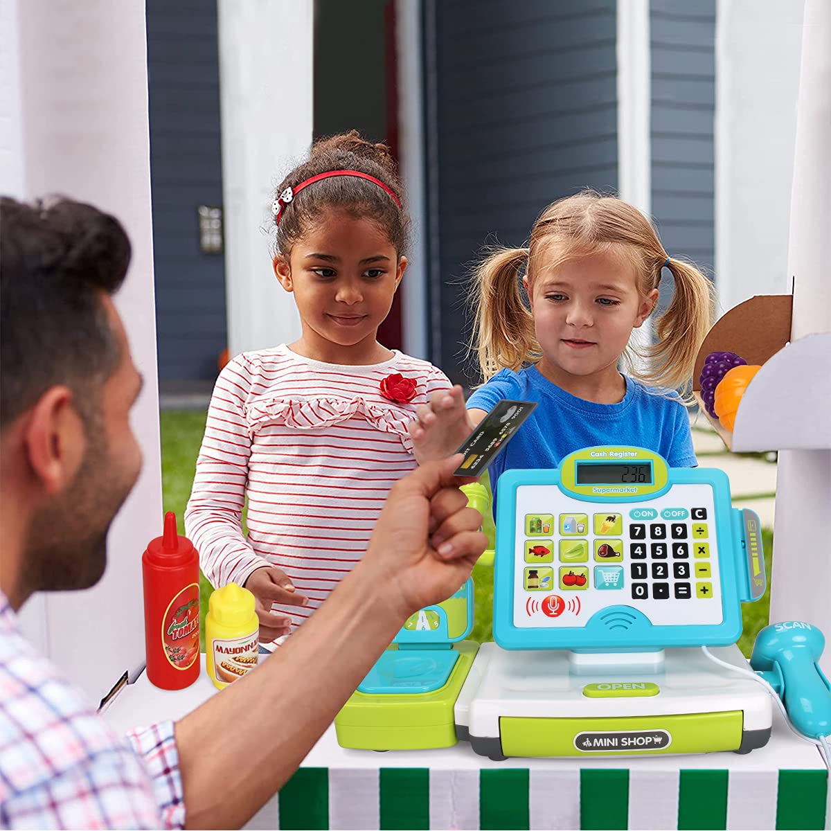 FS Pretend Play Cash Register Toys with Scanner, Calculator, Large Drawer, Microphone, Play Food, Supermarket Cashier Register Toy, Pre-School Gift for Kids, Toddlers, Boys & Girls, Ages 3 4 5 6 7 8