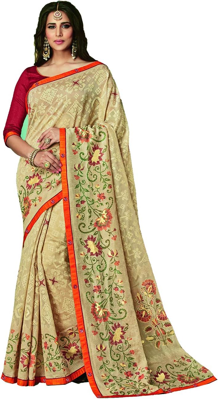 Saree for Women Bollywood Wedding Designer Cream Sari with Unstitched Blouse. ICW2571-2