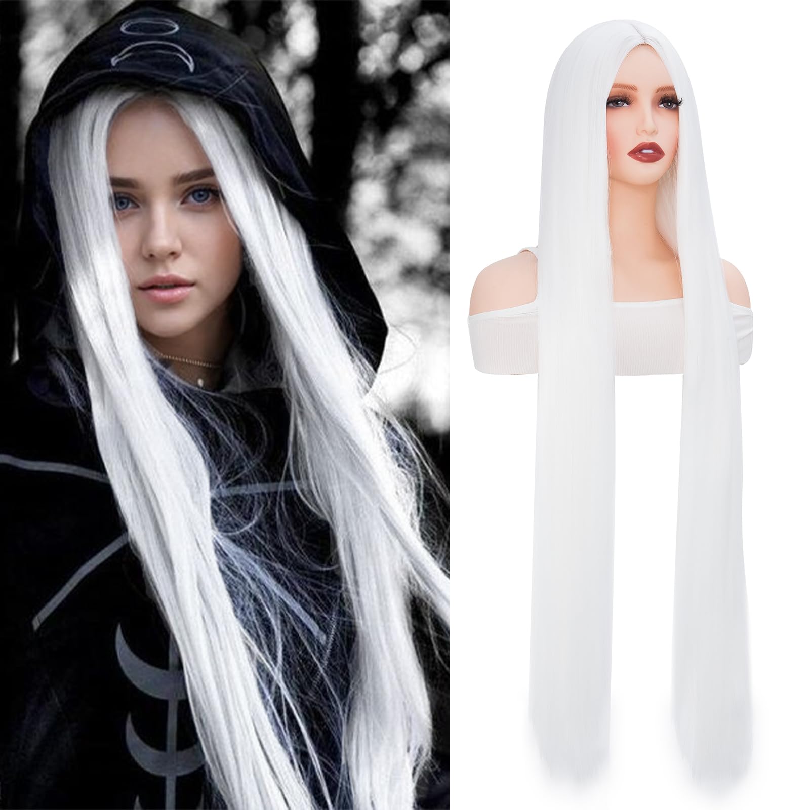 BUYOGET Long White Wigs for Women 40 Inches Straight Wig for Adults Costume Halloween Cosplay Anime Party — image 1
