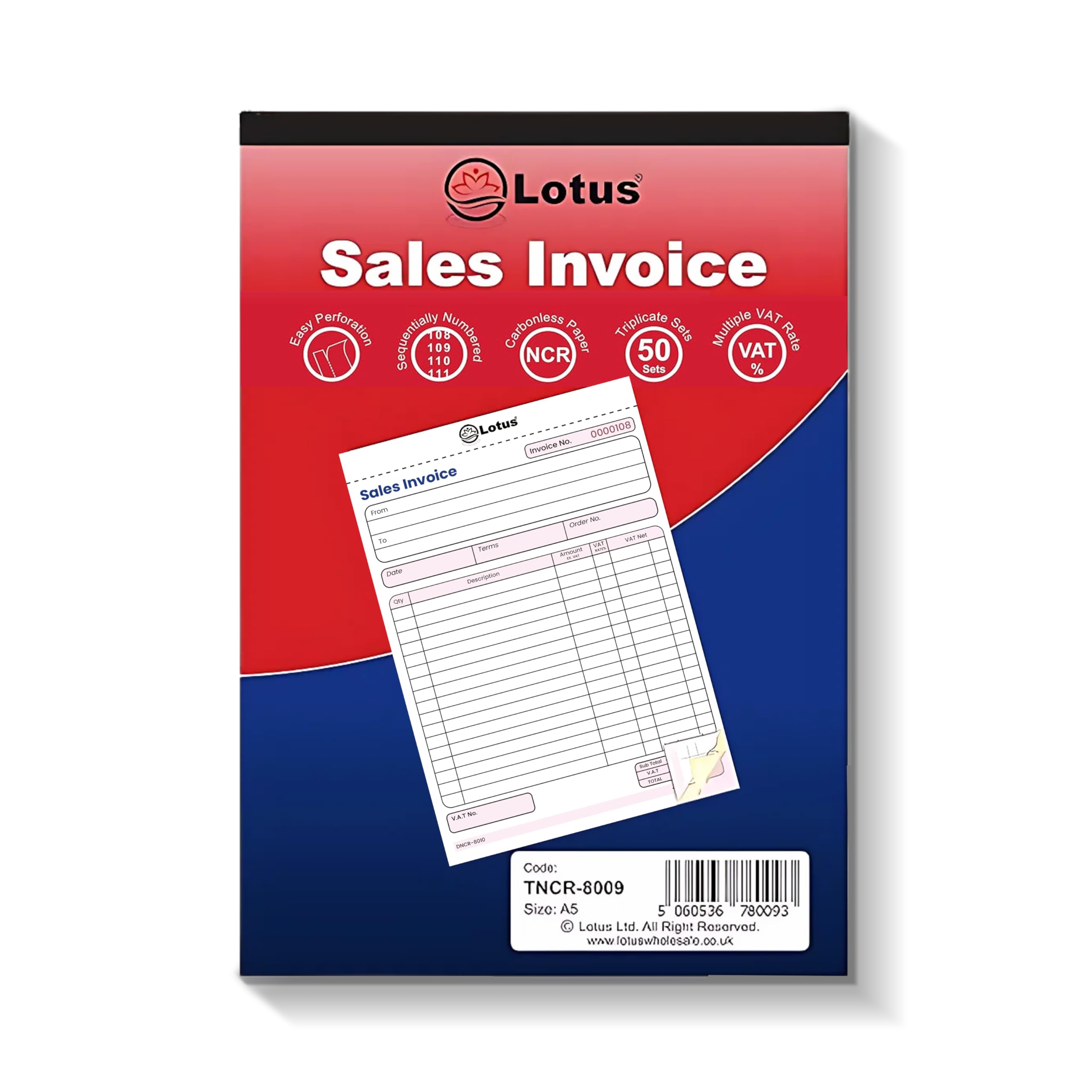 Lotus Triplicate Sales Invoice Book |3-Part Sales Order Book A5 | Carbon Copy Receipts |Business Receipts Book | Duplicate Invoice Book | Stationery Supplies |Office Essentials |143x210mm TNCR-8009