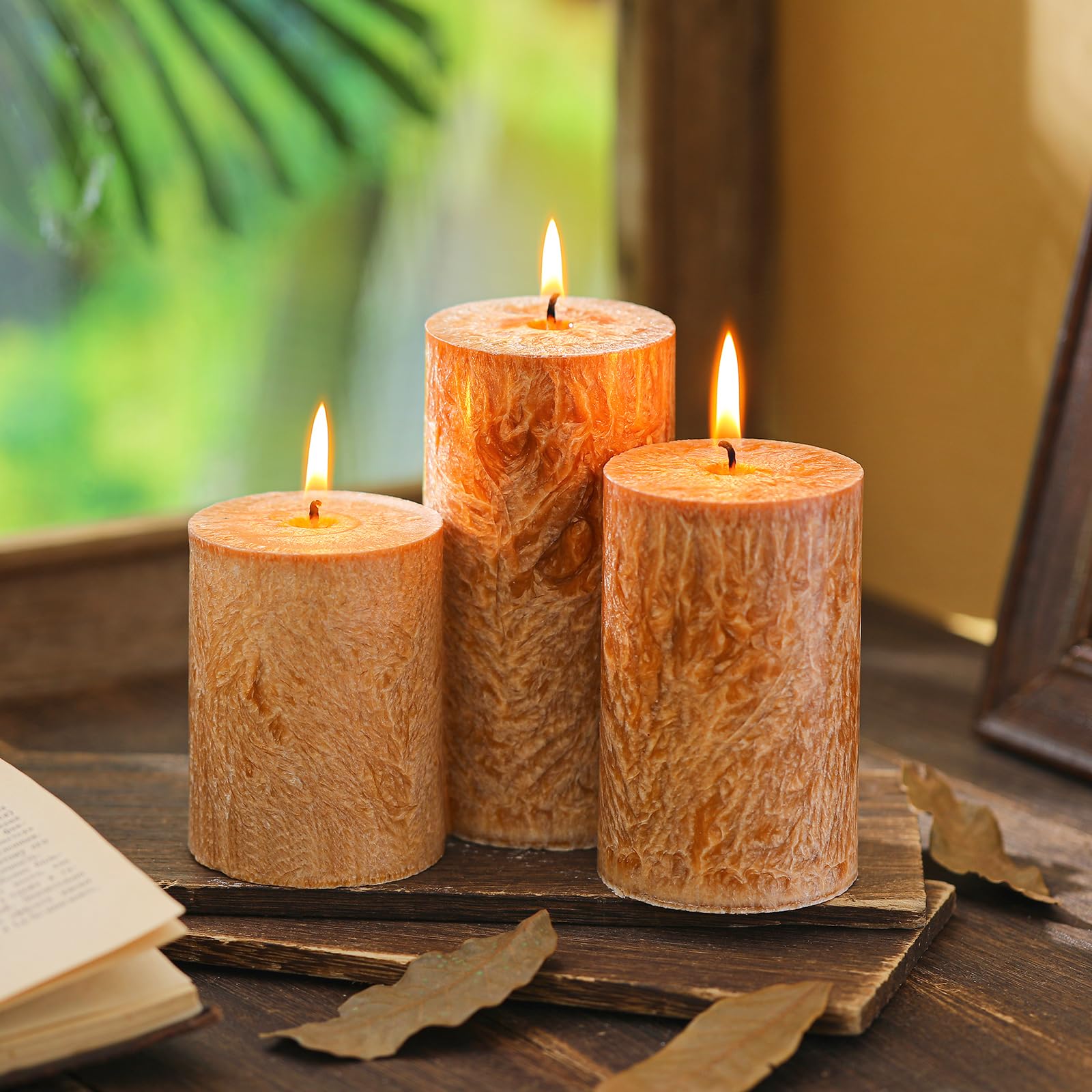 Photo 1 of MTLEE 3 Pieces Fall Rustic Textured Unscented Pillar Candle Christmas Winter Decorative Dripless Pillar Candle Farmhouse Country Wedding Holiday Dinner Home Decor(Orange Brown)