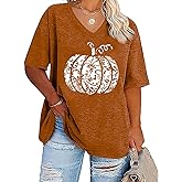 Plus Size V Neck Pumpkin T-Shirt Women Retro Graphic Halloween Tees Casual Loose Short Sleeve Fall Holiday Tops