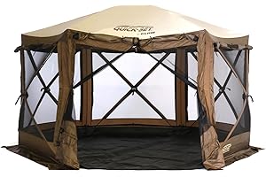 CLAM Quick-Set Pavilion 12.5 x 12.5 Ft Portable Pop-Up Outdoor Camping Screen Tent 6-Sided Canopy Shelter w/Netting, Ground Stakes & Carry Bag, Brown