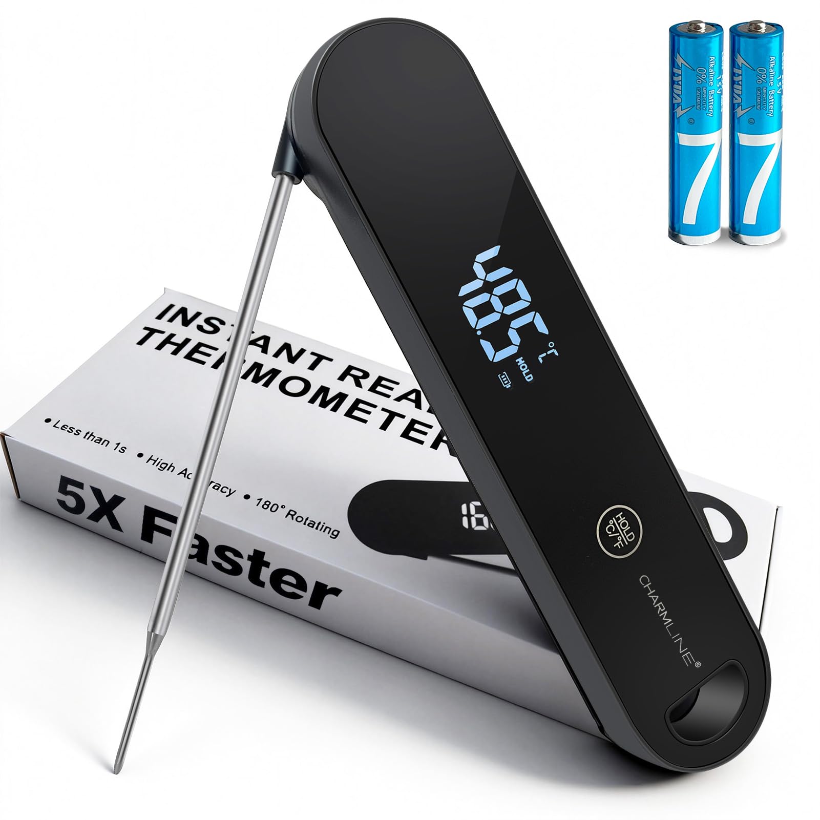 Charmline Hochpräzises Thermometer Kochen, 0,5s Sofortmessung, ±0,3°C Genauigkeit, Fleischthermometer, Kochthermometer für Fleisch, Backen und Grillen, 180° automatisch rotierendes Display