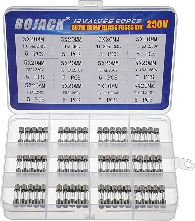 BOJACK 60Pcs 12 Values 5x20mm Glass Fuses 250V T0.5A–10A Assortment Kit