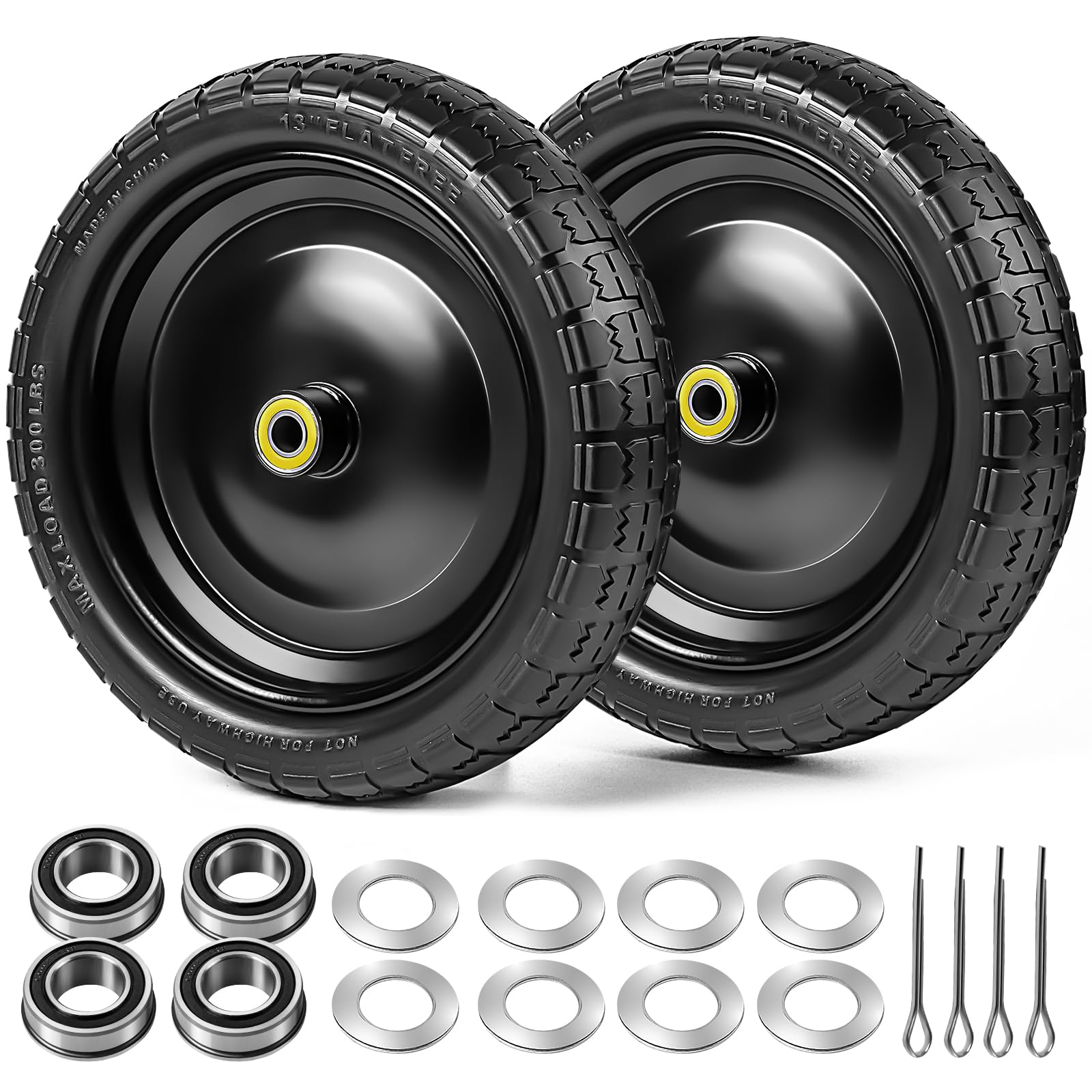 Photo 1 of 13" 4.00-6 Flat Free Wheels Replacement 2-Pack Solid Tire and Wheel for GOR Cart Tires and Wheel, 5/8" & 3/4” Bearings,for Hand Trucks/Garden Carts/Poly Dump Carts