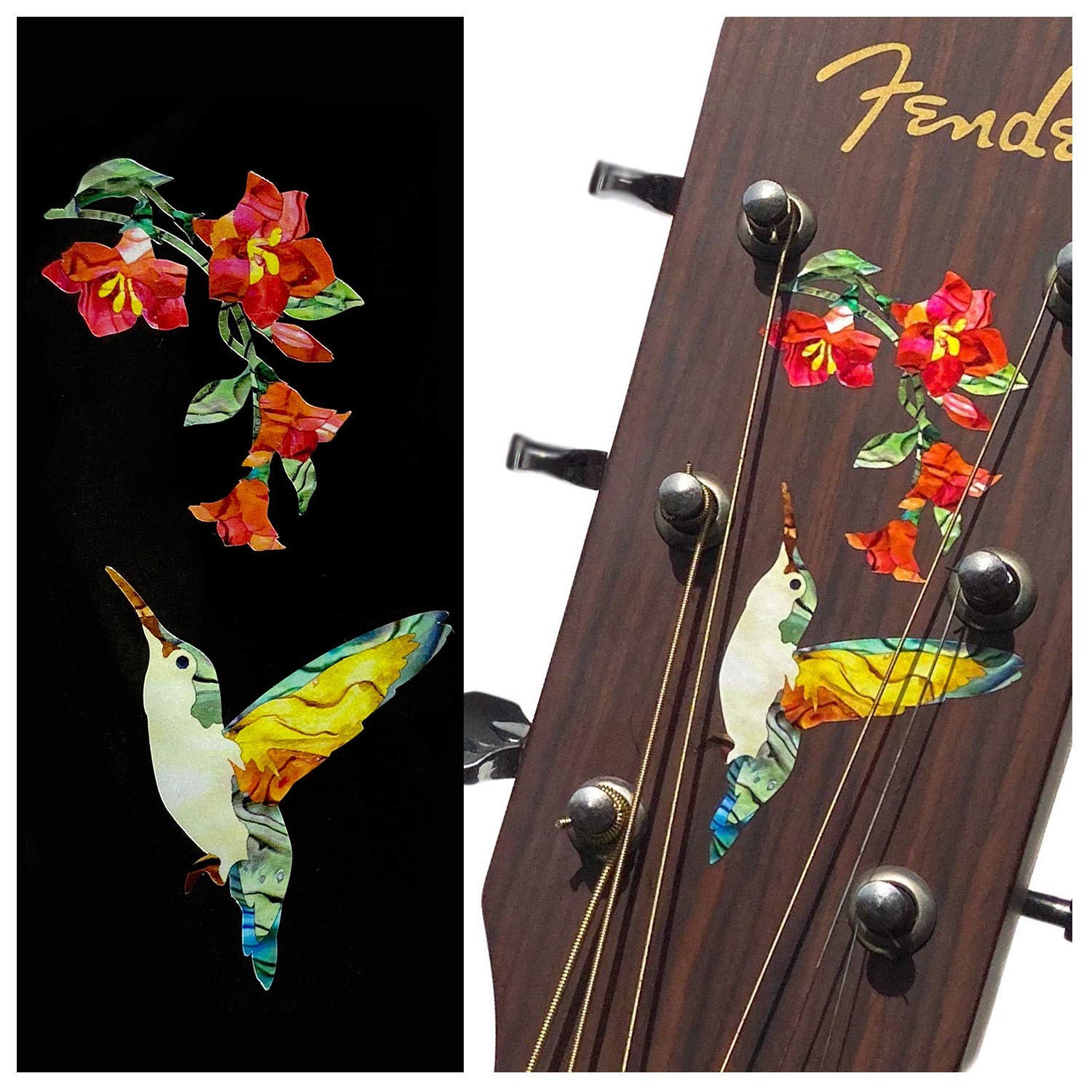 Inlaystickers Decal for Guitars, Bass & Ukuleles - Hummingbird & Flowers B-330HF