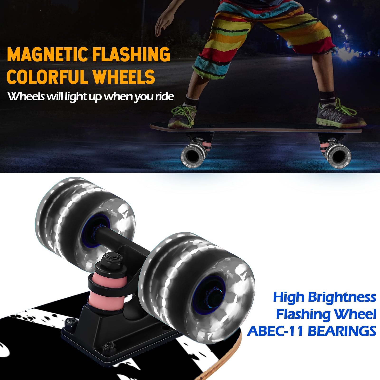 GIEEU Skateboards with Colorful Flashing Wheels for Beginners,Kids,Teens,Adults, Complete Standard Skate Boards 9 Layer Canadian Maple Deck Concave Skateboard