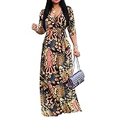 Yajedo Womens Casual Summer Maxi Dress Plus Size Sexy Warp V Neck 3/4 Sleeve Sundress with Poctets