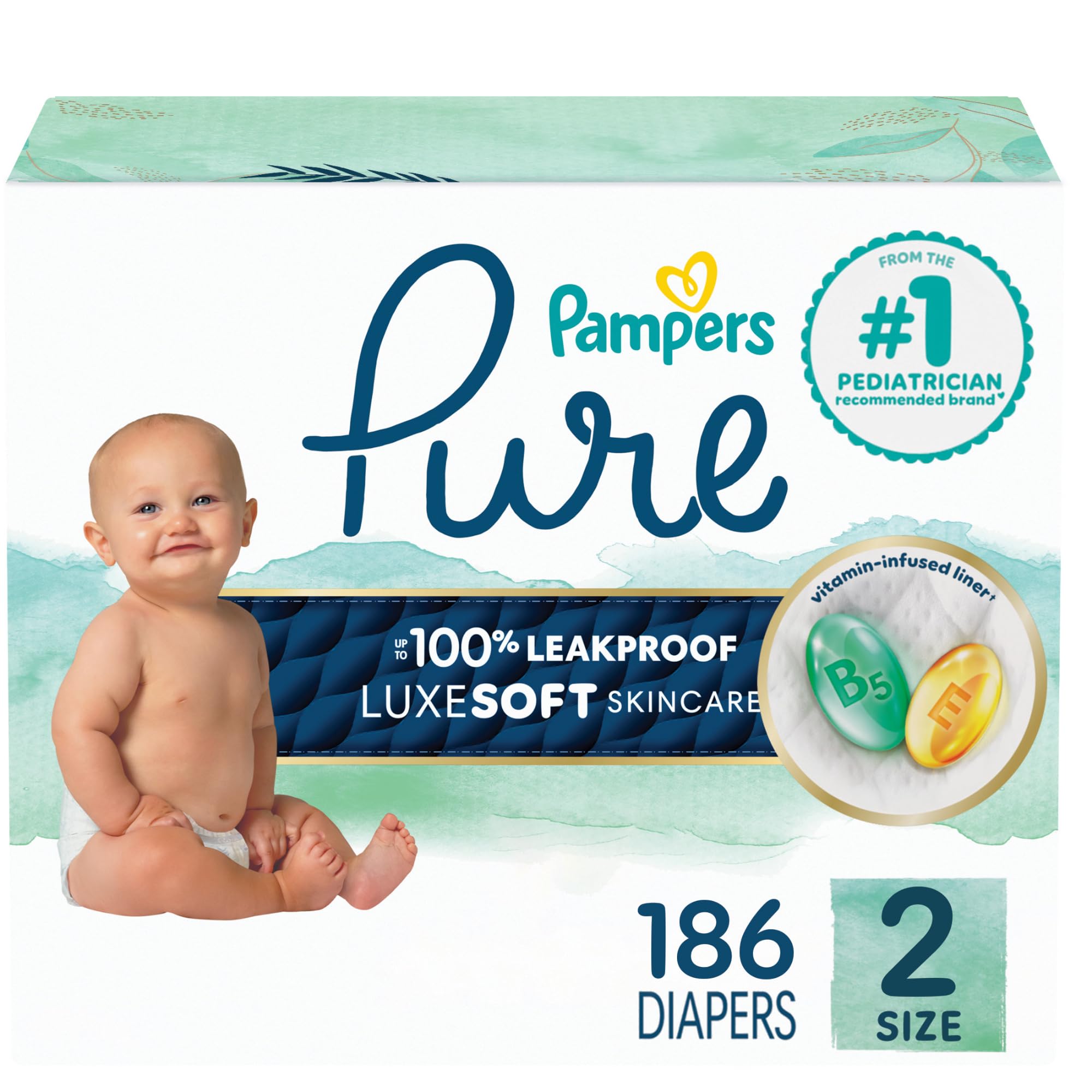 Photo 1 of Pampers Pure Protection Baby Diapers, Size 2 (12-18 lbs), 186 Count, Up to 100% Leakproof, Premium Plant-Based Skin Protection, Hypoallergenic Soft Diapers