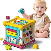 PANITU Baby Activity Cube Montessori Toys for 1 Year Old, Multi Sensory Shape Rattle, 6 in 1 Multifunctional Sensory Toys for