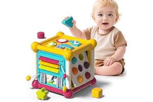 PANITU Baby Activity Cube Montessori Toys for 1 Year Old, Multi Sensory Shape Rattle, 6 in 1 Multifunctional Sensory Toys for
