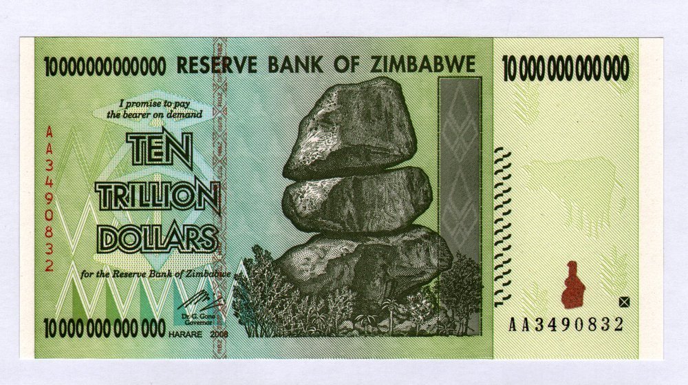 Zimbabwe 10 Trillion Dollar Note Bill Inflation Record Currency Banknote