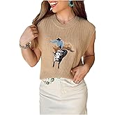 WDIRARA Women's Western Cowboy Embroidered Sweater Vest Crew Neck Cap Sleeve Pullovers Ribbed Knitwear