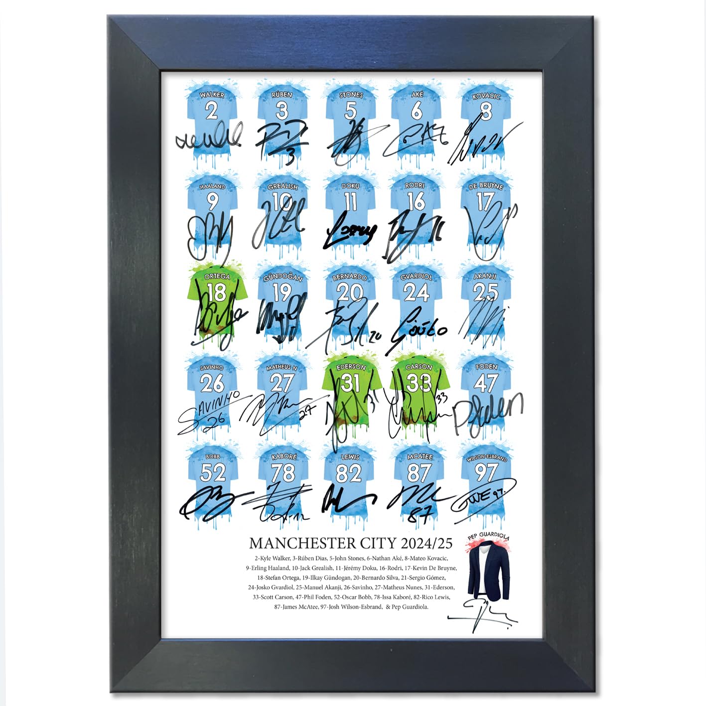 Man City Autograph Squad Signed 2024-2025 Season Erling Haaland Alvarez Rodri Silva Foden Doku Reproduction Mounted Team Photo Framed 34.5 x 46.5cm A3 Print Black Frame #877