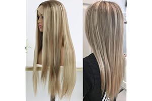 MACA BAKA Ombre Highlight Brown Honey Blonde Lace Front Wigs for Women Middle Part Glueless Long Straight Brown Mixed Blonde 