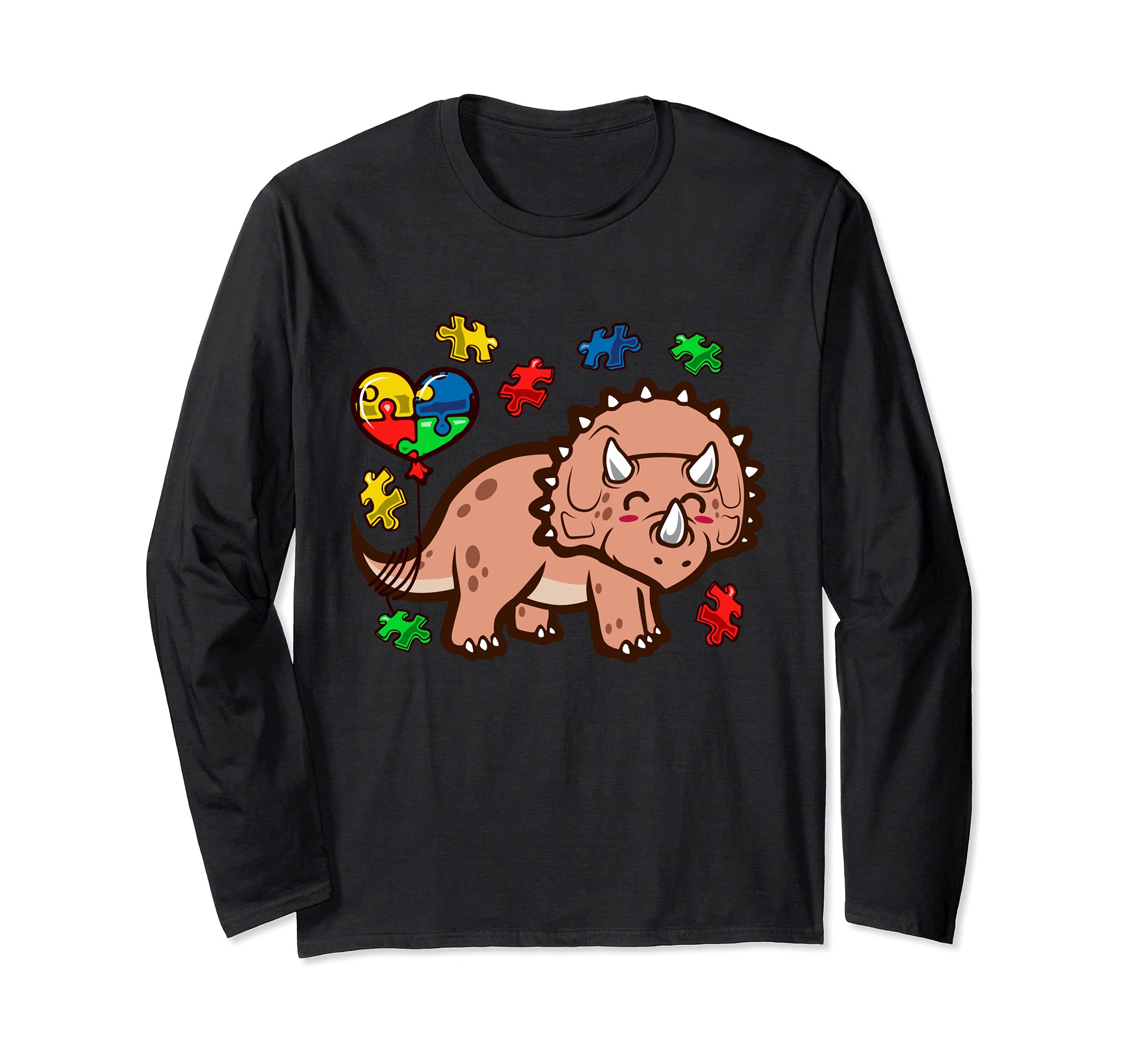 Autism Awareness Cute Triceratops Dinosaur Puzzle Heart Love Long Sleeve T-Shirt